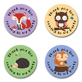 40mm Woodland Animals "Thank You For Coming To My Party" Round Stickers for Party Bags & Sweet Cones - Owls, Squirrel, Fox & Hedgehog (24 x Stickers)