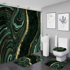 Nkzply 4 Pcs Green Marble Shower Curtain Sets with Rugs Gold Bathroom Sets with Shower Curtain and Rugs Modern Abstract Bathroom Decor Accessories Shower Curtains for Bathroom Toilet Lid Cover