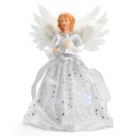 Christmas Angel Tree Topper Lighted - Angel Tree Top with Light and Remote Control Function Christmas Tree Decoration with Feather Wings for Indoor Home Party Holiday Xmas Tree Decoration, Silver