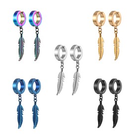 Bo Win 5 Pairs Stainless Steel Fake Non Pierced Clip on Earrings for Men Women Boys, Feather Earrings Men Black, Silver Hoop Earrings Men Set, Gold Ear Cuff Earrings Clip on Earrings Hoop Dangle 14MM