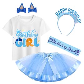 YODISON Girls Birthday Costume,T-Shirt and Tutu Dress,Headband Satin Sash Birthday Party For Kids（140cm/7-8T） Blue