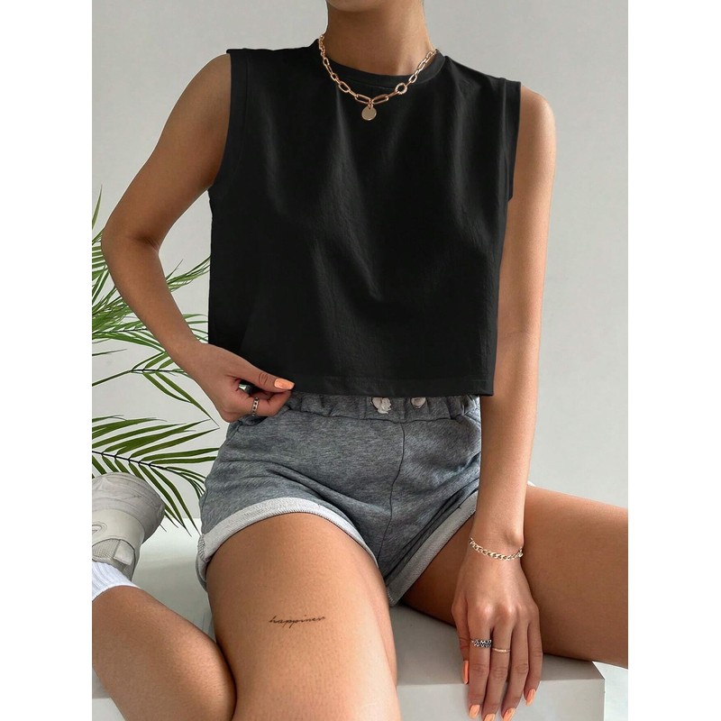 Hilinker Womens Crew Neck Loose Crop Tank Tops Workout Casual