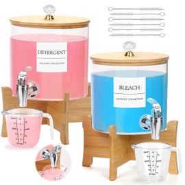 2Pcs Laundry Detergent Dispenser, Laundry Soap Dispenser with Stand, Faucets Acrylic Laundry Detergent Container for Laundry Room Liquid Detergent, Bleach, Fabric Softener Organization and Storage