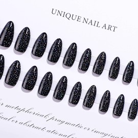 RUOKEXIN Almond Press on Nails Medium Length Fake Nails Black False Nails with Designs Colorful Glitter Full Cover Acrylic Artificial Nails Summer Nail Press ons Natural Stick on Nails for Women 24Pcs