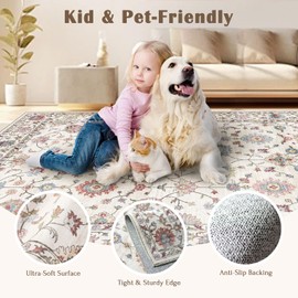 LUXRUG Washable Round Area Rug 6ft - Cream Colorful Traditional Floral Living Room Circle Rug Non-Slip Stain Resistant Dining Room Carpet Soft Vintage Bohemian Round Rugs for Bedroom Office Nursery