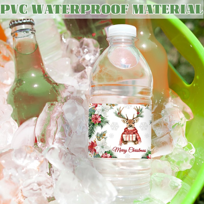 URROMA 50Pcs Merry Christmas Water Bottle Labels Deer Hot Stamping