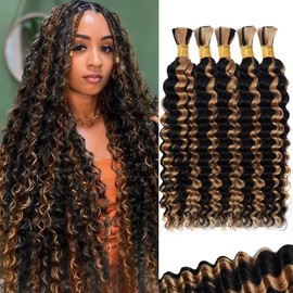 Ombre Honey Blonde Human Braiding Hair for Boho Braids 160g 5 Bundles/Pack 24 Inch Curly Boho Hair for Braiding Knotless 12A Deep Wave Bulk Bohemian Color P1B/27