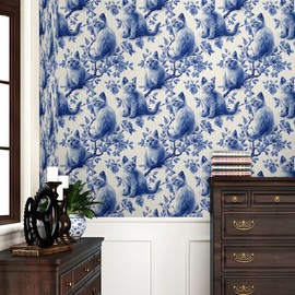 REDAMANCY Blue White Cute Cat Pets Vintage Flowers Peel and Stick Wallpaper Stick on Contact Paper Wall Paper Easy Peel Off for nightstand Drawer Cabinet Renter