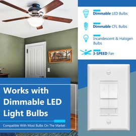 LIDER Combination Light Switch and 3-Speed Fan Control, Light and Fan Combo Switch, Single Pole, 120 V, 2.5A Motor, 300W Incandescent/Halogen, 200W CFL/LED, Wall Plate Included, White, 2 Pack
