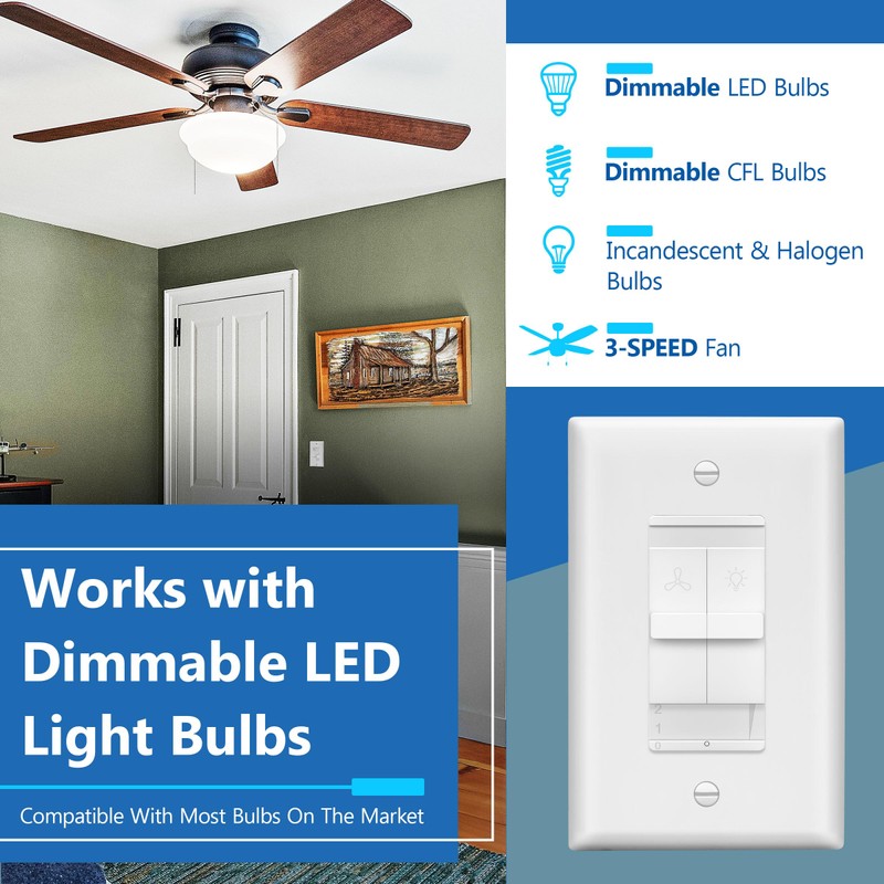 LIDER Combination Light Switch and 3-Speed Fan Control, Light and