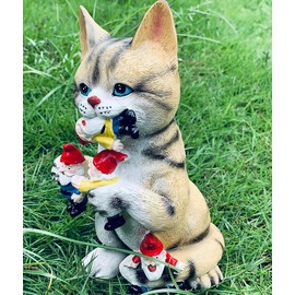 zhuja Garden Cat Statue Figure- Cat Eating Gnomes Statues Decor for Outdoor Patio Lawn Yard Decor (cat Eating)