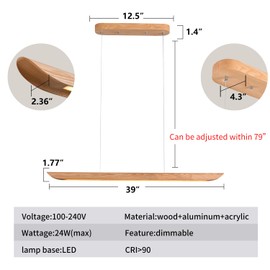 QJCMUUYI 39" 24W Wood LED Linear Pendant Light Fixture,Dimmable Pool Table Island Lights,Modern Linear Hanging Chandeliers,for Dining Room Kitchen Island,Pool Table Lights,Natural Wood Color