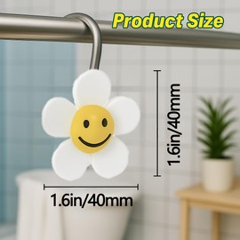 YOINIUEM Smiley Face Flower Shower Curtain Hooks – 12 Pack Cute Resin Shower Rings for Bathroom – Durable White and Yellow Floral Curtain Hangers – Fun Decorative Bath Accessories