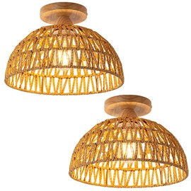 OCWHT 2 Packs Boho Light Rattan Chandelier Ceiling Light Fixtures Boho Lamp Shade Flush Mount Ceiling Light Hand-Woven Small Chandelier Light for Hallway Bedroom Kitchen Nursery Chandelier