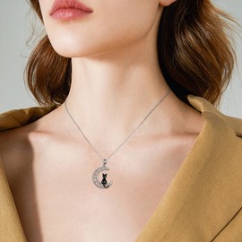 POPLYKE Cat Necklace Sterling Silver Black/White Heart/Moonstone/Crystal Irish Jewellery Gifts for Women, Sterling Silver, Abalone