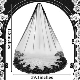 Skicuff Black Lace Veil Bridal Wedding Veils with Metal Comb Mourning Funeral Wedding Cathedral Length Long Lace Sequins