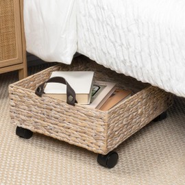 happimess BSK2014C Adaline 18.11" Classic Farmhouse Handwoven Hyacinth Rectangular Underbed Storage Bin with Wheels and Handles for Storage and Decoration in Bathroom, Bedroom, Closet, White Wash