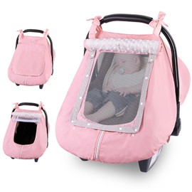 FIOBEE Car Seat Cover Baby Infant Car Seat Covers Waterproof Carseat Covers for Babies Canopy with Breathable Mesh Window Car Seat Cover for Baby Girl Newborn Car Seat Cover, Pink