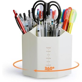 FRETONBA Rotating Pen Holder - 360 Rotating Large Capacity Pens Organiser, Pen Holder Children with 5 Compartments for Desk, Office, School, Family (White