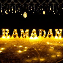 7 Pieces Large Ramadan LED Letter Lights Sign Ramadan Eid LED Marquee Lights Table Decoration for Eid Home Party Gift Tabletop Decoration
