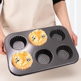 Kofebe Perforated Muffin Pan 6-Cup Carbon Steel Cupcake Pan Non-Stick Mince Pie Baking Tray for Cakes Pies Buns Tart Bread (10.4" Lx7.5 Wx1.2 H)