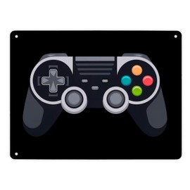 Videospiel-Controller Metallschild XL in 21x28 cm - Gamer Deko Im Retro-Look mit Videospiel-Controller auf schwarzem Hintergrund graue Tasten und bunte kreuzförmiger Akzente