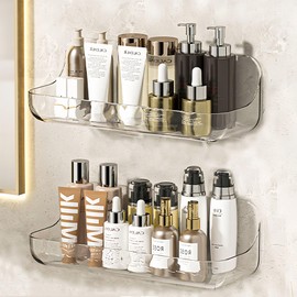 CasaVibe Acrylic Wall Mounted Shelves 2 pack，Plastic shower caddy，Transparent shelf with self adhesive，No Drilling，Suitable for bathroom & kitchen storage