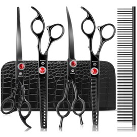 GLADOG 7 Inch Professional Dog Grooming Scissors Kit, Titanium Dog Scissors for Grooming, Heavy-Duty Dog Shears for Grooming, 6-in-1 Pet Grooming Scissors for Dogs (Pro Black)