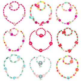HIFOT Beaded Necklace and Bracelets for Little Girl 9 Sets, Unicorn Mermaid Flamingo Butterfly Rainbow Flower Dolphin Crown Wooden Bead Dress Up Jewelry Set Party Favor Bag Gifts for Kids