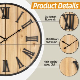 Large Wall Clock 30IN, Silent Metal Wood Style Wall Clocks Battery Operated for Living Room Decor, Farmhouse Big Wall Clock, Outdoor
