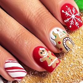 Gingerbread Man Short Square False Nails Christmas Press on Nails 24Pcs Matte Red Candy Cane Curve Line Acrylic Fake Nail Snowflake Stick on Fingernails Snow Gel Glue on Nail for Women Xmas Gift