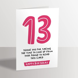 13th Birthday Card - Funny Joke for 13 Year Old - Pink
