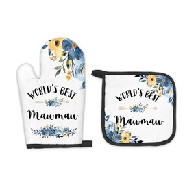 FIicy Mawmaw Gifts Oven Mitts and Pot Holders Sets, Gifts for Mawmaw from Grandkids Kitchen Decor Accessories Sets, World’s Best Mawmaw Heat Resistant Oven Glove Potholders for Kitchen Cooking