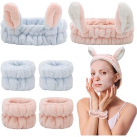 6 Pcs Spa Headband Face Wash Headband and Wristband Set, Girls' Lovely Bunny Ears Headbands Makeup Cosmetic Shower Elastic Headbands with Face Washing Wristband for Women (Pink+blue, One size)