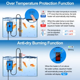 HiTauing Aquarium Heater, Upgraded 300W/500W Fish Tank Heater with Intelligent Leaving Water Automatically Stop Heating and Advanced Temperature Control System, Suitable for Saltwater and Freshwater