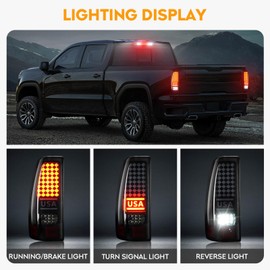 LED Tail Light + 3rd Third Brake Light Kit Fit for Chevy Silverado 1500 2500 HD 1999-2002, for GMC Sierra 1500 2500 HD Fleetside 1999-2003, aillights and High Mount Stop Light, 3 Pcs, Smoke Lens