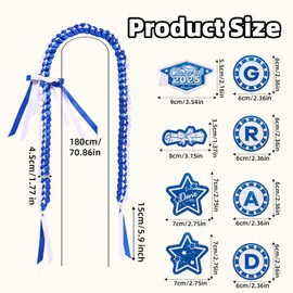 2025 Graduation Leis Set, Class of 2025 Ribbon Garland Braided Necklace with Pins, Ribbon Lei Decorations Graduation Gift for High School College Grad Party (Blue White)