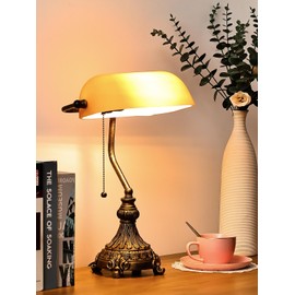 Newrays Vintage Amber Glass Bankers Desk Lamp for Home Office,Library with Pull Chain Switch Plug in Fixture, LED Bulb Included