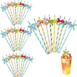 Ouliget Butterfly Stripe Paper Straws,Butterfly Ribbon Decor Disposable Party Drinking Straws, Decoration Supplies Set for Valentine's Day, Brithday, New Year, Party,40 Pieces (Colour)