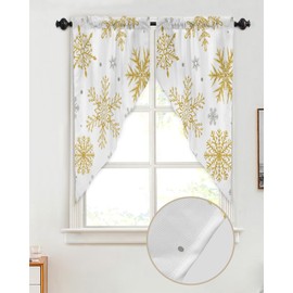 Chees D Zone Swag Curtain,Christmas Gold Foil Snowflake White Kitchen Valances Rod Pocket Curtains Tier Pair Swag Topper,Winter Grey Snow 2 Panels Window Treatment for Bathroom Living Room Bedroom