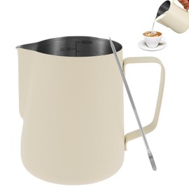 PTMTFYL Milk Frothing Pitcher, 600 ml/20 oz Espresso Steaming Pitcher, 304 Stainless Steel Milk Frother Cup, Coffee Barista Pitcher with Internal Scale for Coffee Cappuccino Latte Art (Beige)