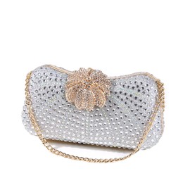 Faibiules Women's Fashion Rhinestone Beaded Evening Bag Flower Lock Clutch Handbag, Silver