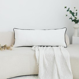 LIGICKY Long Lumbar Cushion Cover 14x36 inch White Velvet Black Rope Edging Throw Pillow Cover Decorative Rectangular Body Pillow Case Accent Textured Cushion Cover for Bed Couch