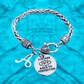 50th Birthday Charm Bracelet with Letter Charm, 50th Birthday Gifts for Women, Vintage 1974 Aged to Perfection Bracelet, 50th Bday Gifts for Her