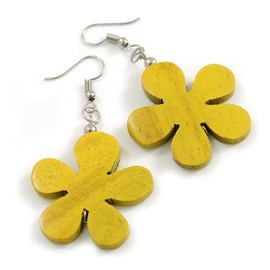 Yellow Wood Flower Drop Earrings - 60mm L