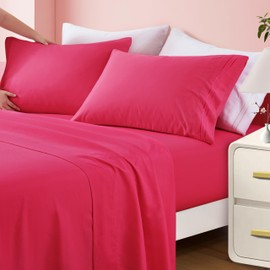 INVGEEXI King Sheet Set - 4 Piece Microfiber King Size Magenta Sheets Hotel Luxury 1800 Thread Count Bed Sheet 16" Deep Pocket Fitted Sheet, Flat Sheet & 2 Pillowcase, Wrinkle Free Sheets Set