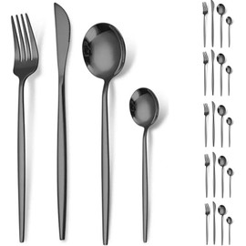 Tiokin Besteck Set 6 Personen, 24 teilig Edelstahl Besteckset Schwarz,Essbesteck Set mit Messer Gabel Löffel, Hochwertiges Edelstahlbesteck, Spülmaschinenfest