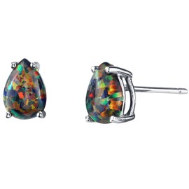Peora 14K White Gold Created Black Fire Opal Earrings for Women, Hypoallergenic Solitaire Studs, 7x5mm Pear Shape, 1 Carat total, October Birthstone, Friction Back, Dainty, Iridescent Earrings