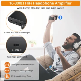 Neoteck Portable 3.5mm Headphone Amplifier with Bluetooth 5.0 Receiver, Two-Stage Gain Switch, 16-300 Ohm HiFi Earphone Amp, Aluminum Matte Surface
