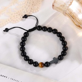 YUCSAWJK Cross Necklace Bracelet Set 26 Inch Stainless Steel Necklace Adjustable Natural Stone Bracelet Men Boys Holiday Jewelry Gift (Corss Bracelet)